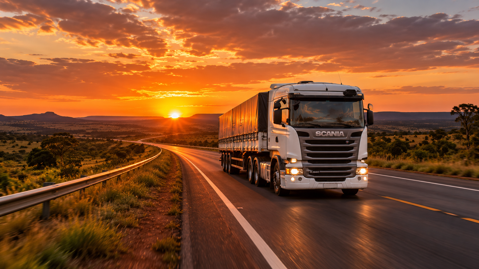 Caminhão em uma rodovia ao pôr do sol; imagem ilustrativa